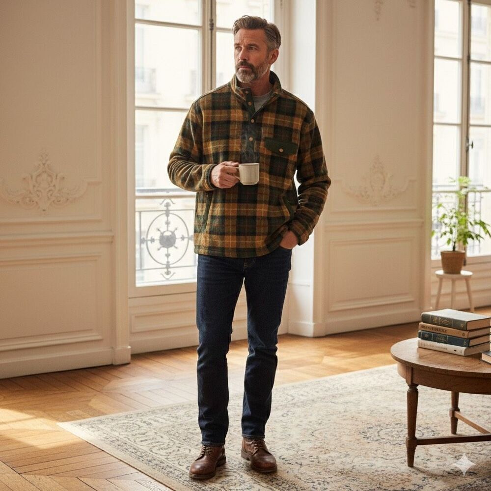 Duluth Trading Co. Men’s 2XL Relaxed Fit Plaid Fleece Pullover Earth Tone Tartan